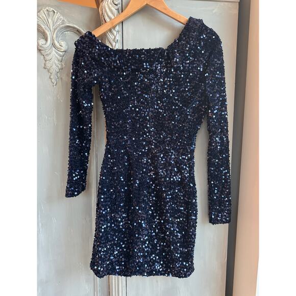LUSH Blue Sequin One-Shoulder Bodycon Cocktail Dress Sparkly Party Mini Sz S - Picture 6 of 14
